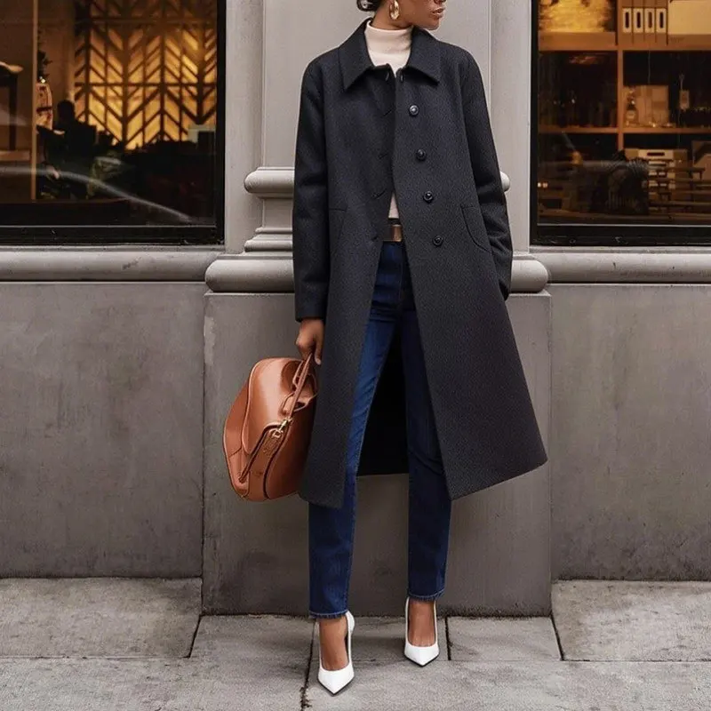 

Autumn Winter Fashion Solid Color Long Overcoat Casual Single Breasted Commute Jacket Temperament Lapel Long Sleeve Woolen Coat