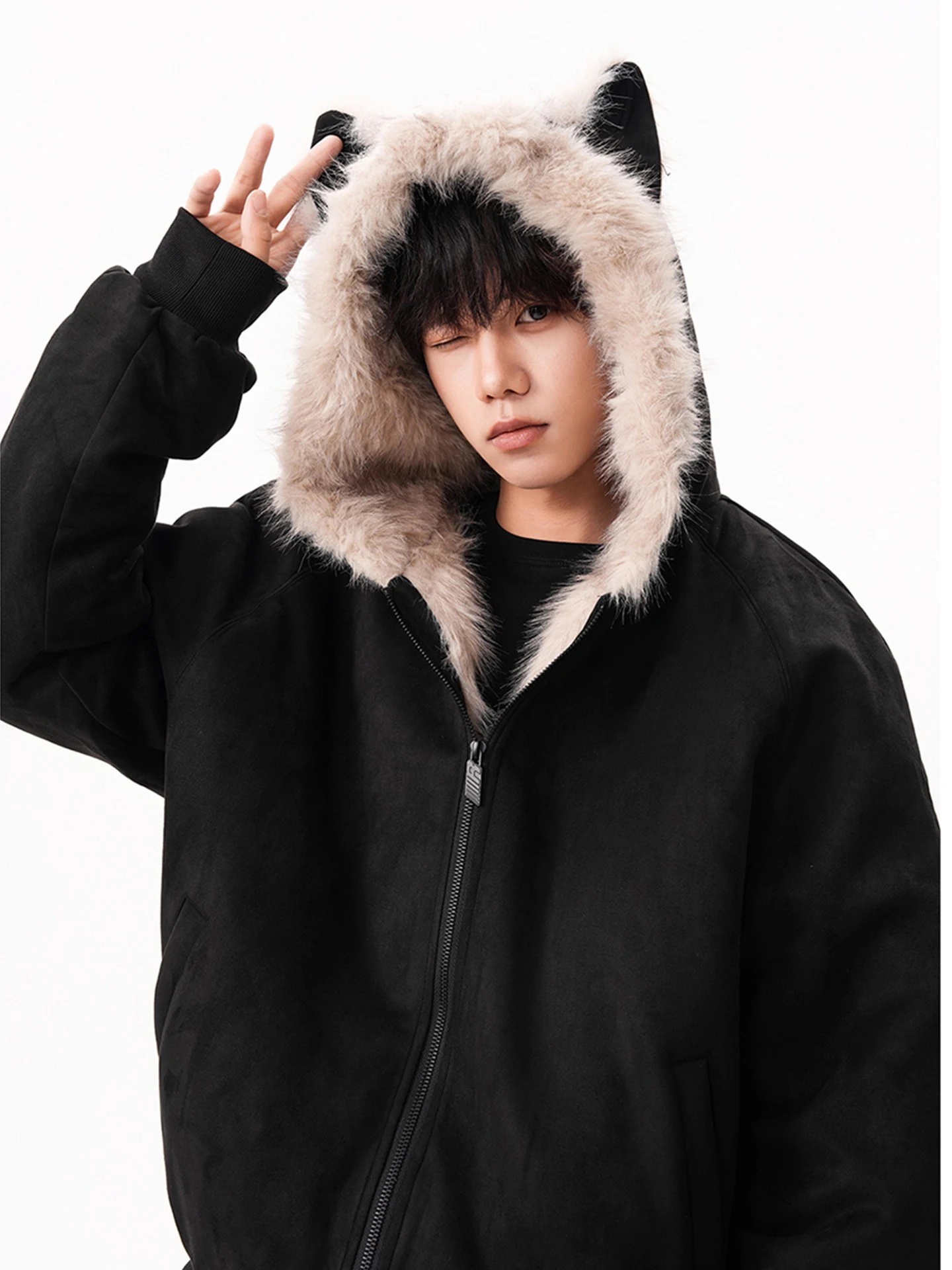 

Thiened American Sle Rabbit Ear Hooded Jaet for Men And Women Winter Warm Fce Lined Thiened Suede Collar Coat