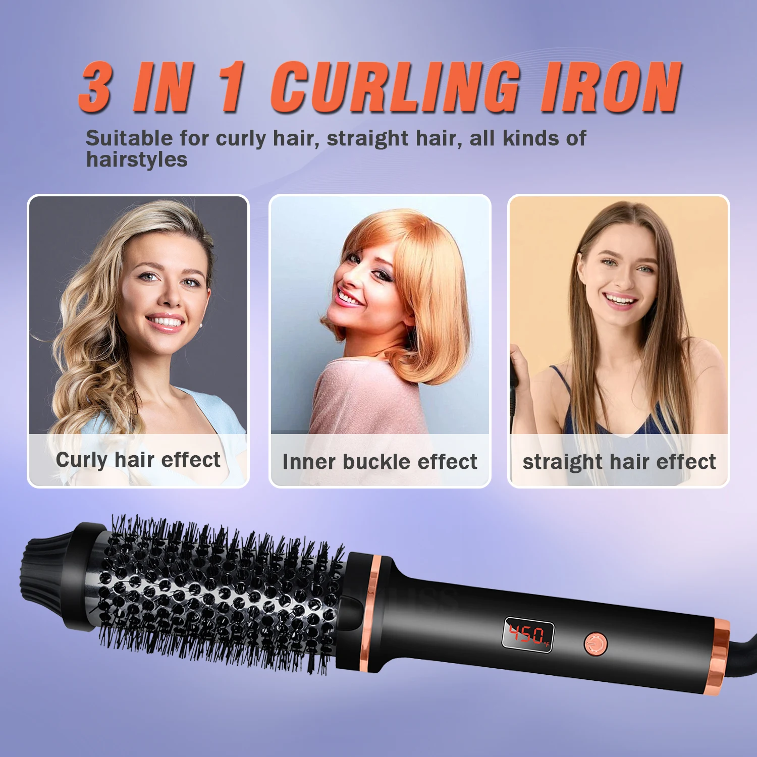 Curling Iron Brush PTC Heated Thermal Brush Ceramic Hair Curler Hot Brush Create Loose & Volume Curls Heating Hair Styling Brush