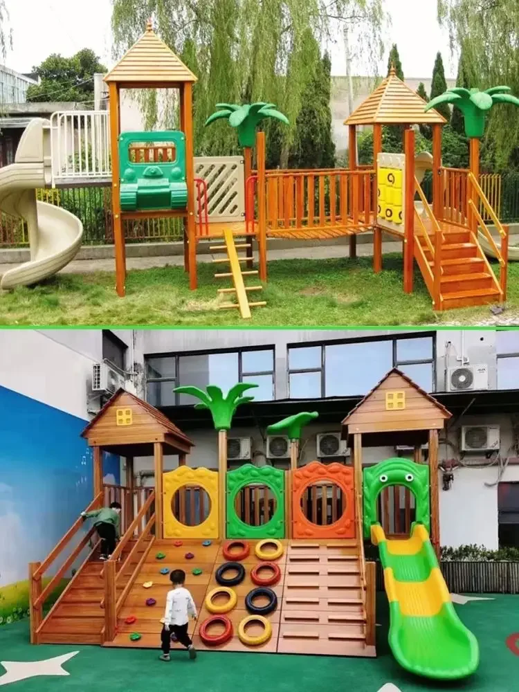 

Outdoor slide children wooden swing tree house outdoor courtyard kindergarten large wooden pirate ship