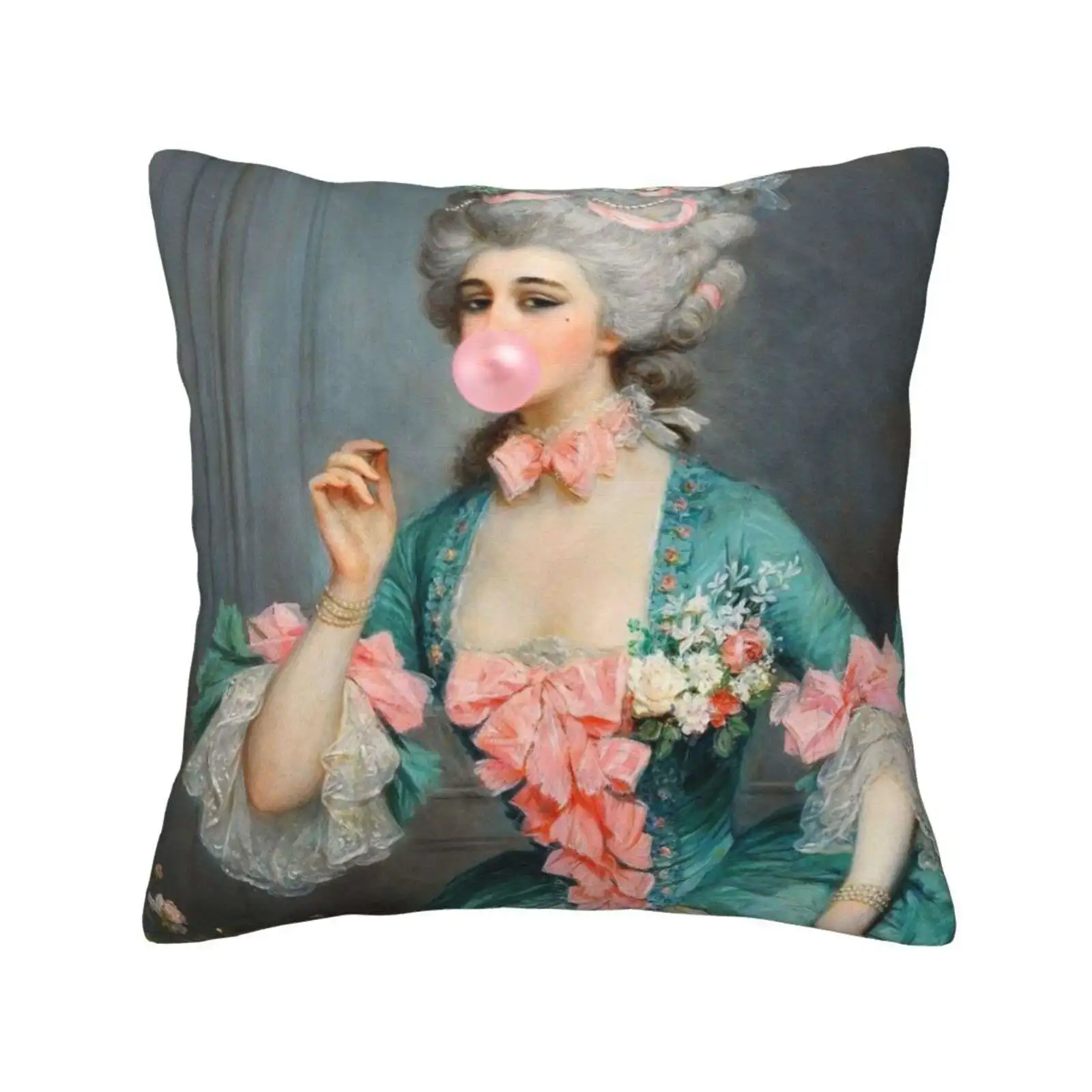 Lady With Roses & Bubblegum Art Print Throw Cushion Pillow Cover Lady With Roses Bubblegum Altered Art Portrait Altered Vintage