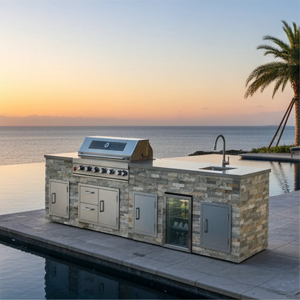 Complete Portable Mobile Outdoor Kitchen Gas&Charcoal BBQ Grill Island Set with Durable Stone Veneer