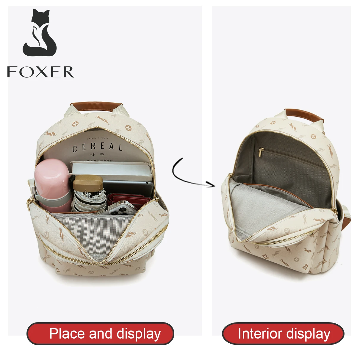 FOXER Women\'s Backpack Signature PVC Printing Fashion Travel Shoulder Bag Ladies Travel Rucksack Female Casual Monogram Backpack