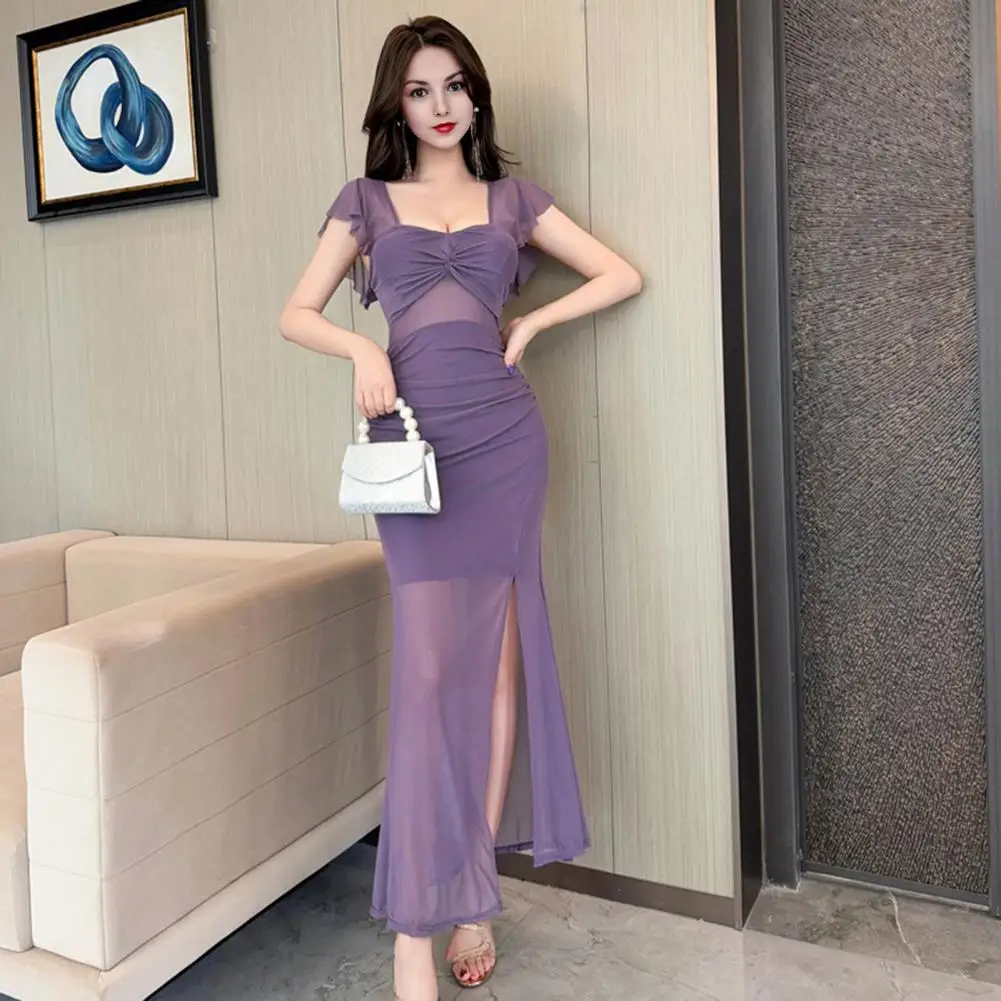 Sukienka maxi z marszczoną siateczką, przezroczysta, na imprezę, do klubu, jesienne stylizacje, czarna, seksowna, obcisła, elegancka vestido