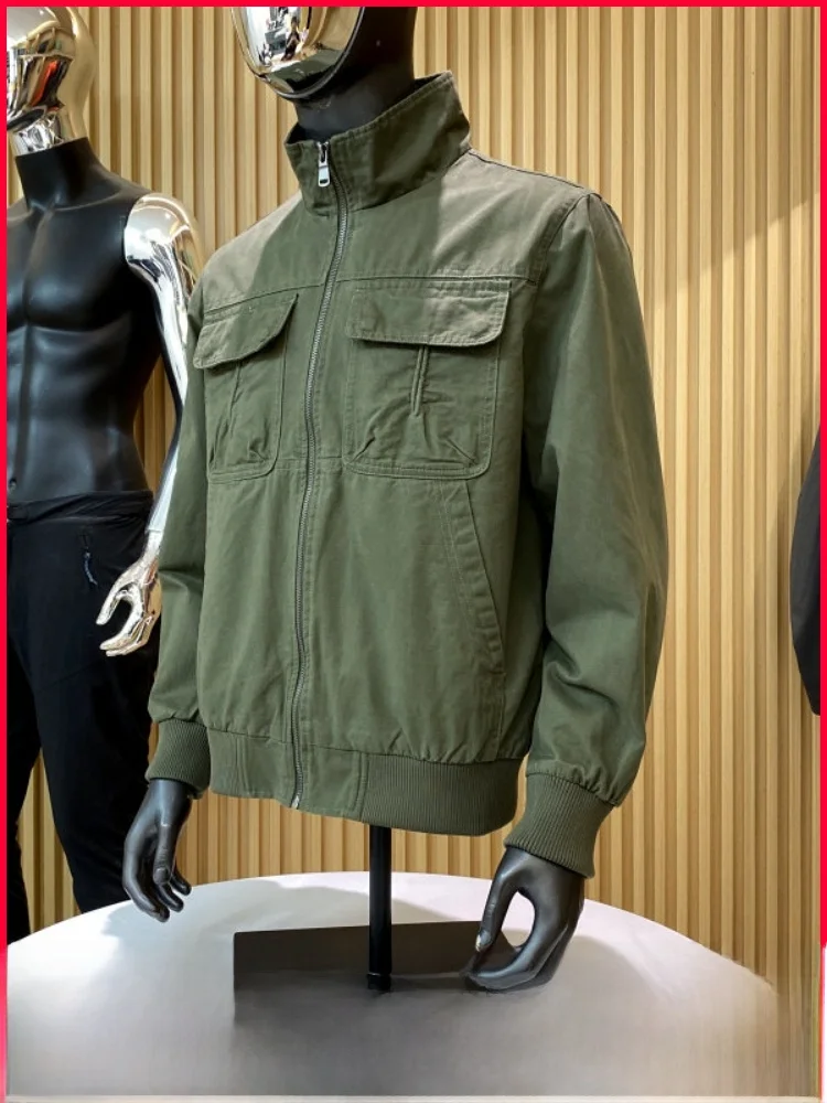 Retro American Style Men's Outdoor Workwear Jacket Pure Cotton Washed Stand Collar Spring Fashionable Zipper Closure Coat