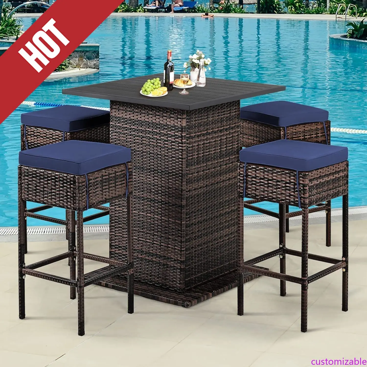 Set Bar Luar Ruangan 5 Bagian yang Dapat Disesuaikan, dengan Penyimpanan Tersembunyi, Set Meja Tinggi dan Kursi Luar Ruangan 5 Buah untuk Halaman Belakang dan Pinggir Kolam Renang (Warna Biru Dongker)