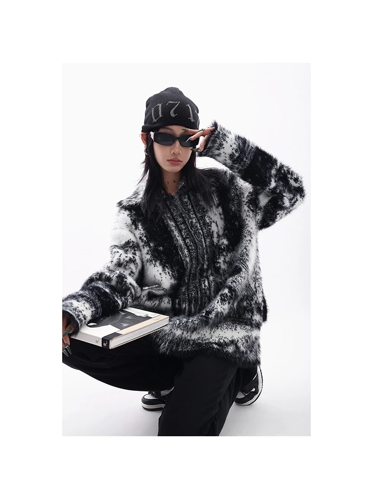 2023 Winter Lapel Loose Female Sweater Harajuku Oversize Tie Dye Contrast Color Women Knit Teddy Jacket Fluffy Plush Knitwear