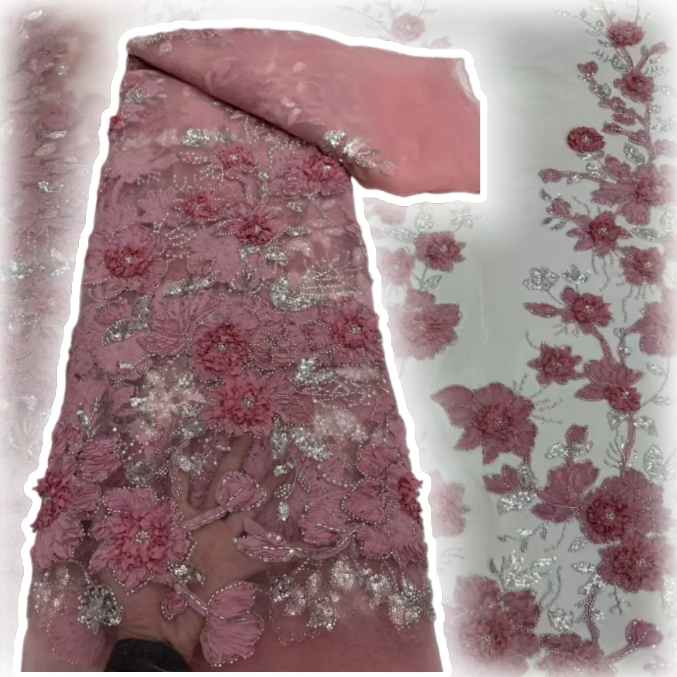 

2025 High Quality African Fashion French 3D Flower Sequin Lace Fabric Beaded Embroidery Lace Fabric Ladies Dress Sewing TP1688