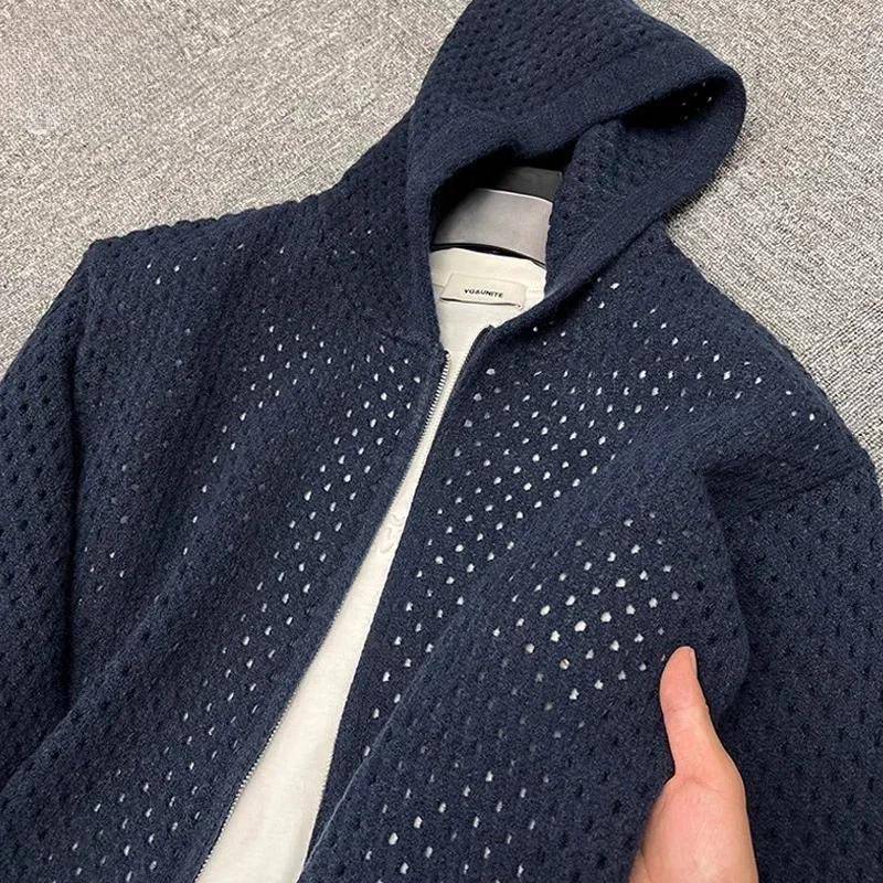 Cardigan à capuche en tricot creux coréen pour hommes, veste à capuche monochrome, vêtements sociaux décontractés, printemps et automne, document At