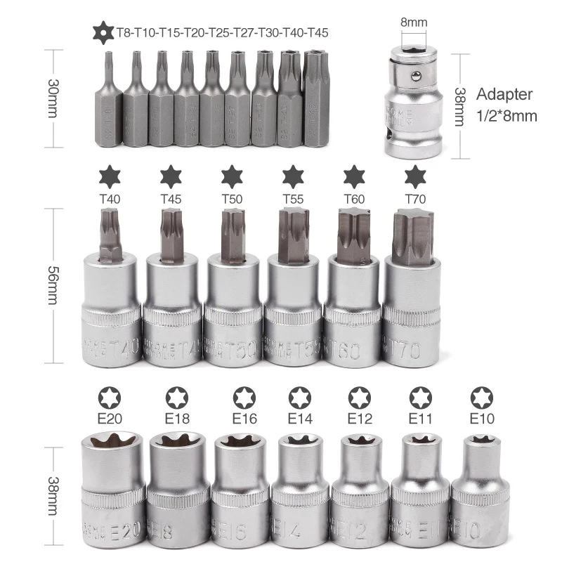 Torx Socket Box Set 1/2 E type Sleeves T60 T70 Wrench Key Tool Female And Male Sockets Hand Tool Kit For Ratchet