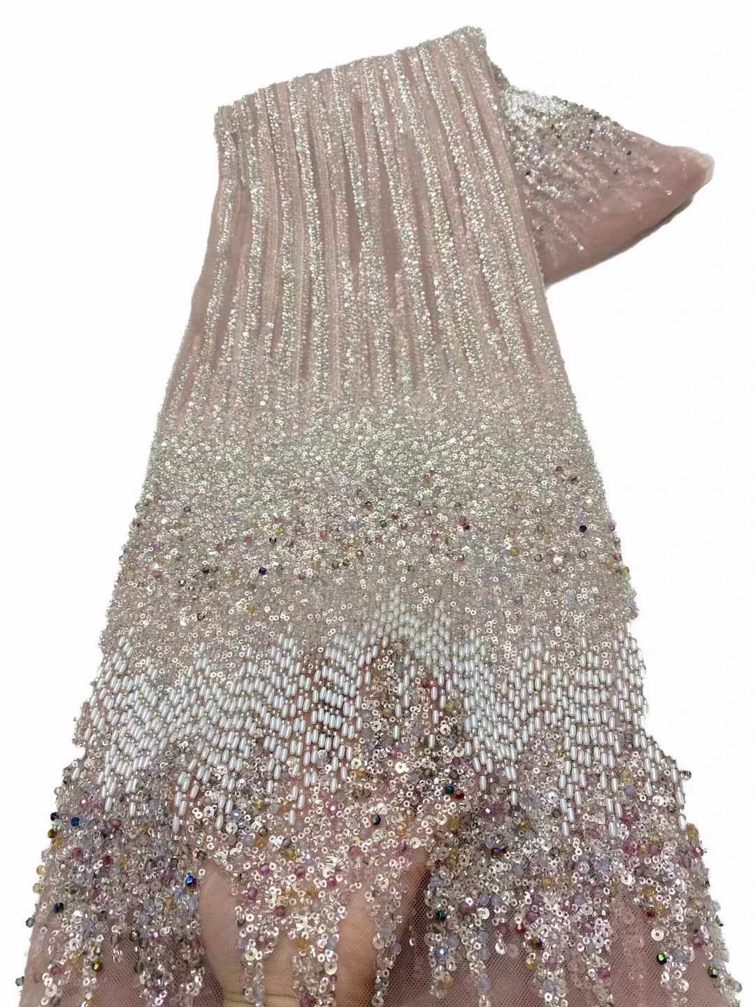 ตาข่ายผ้าลูกไม้ปักเลื่อมลูกปัดใสไล่ระดับสีผ้าแฟชั่น