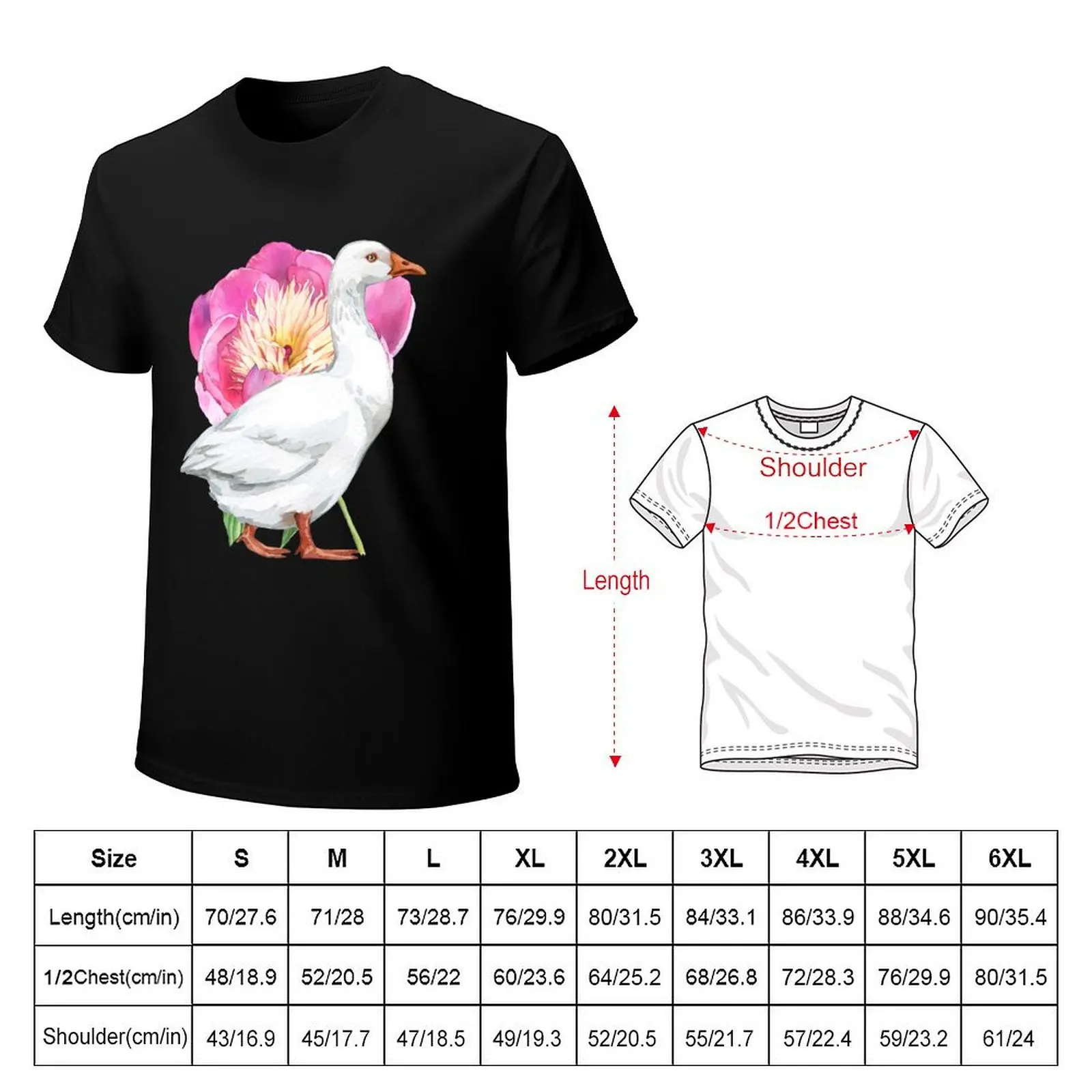 Watercolor spring illustration : goose and pink peony composition T-Shirt plain anime cute tops black t shirts for men