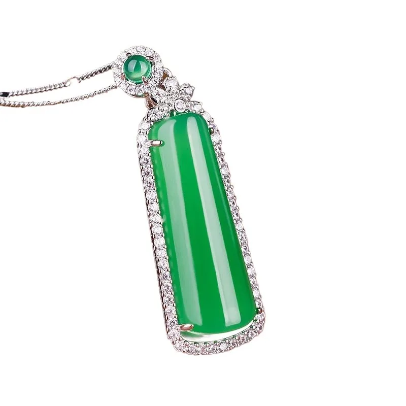 

Natural ice chalcedony pillar pendant silver inlaid pendant jade pendant necklace men and women