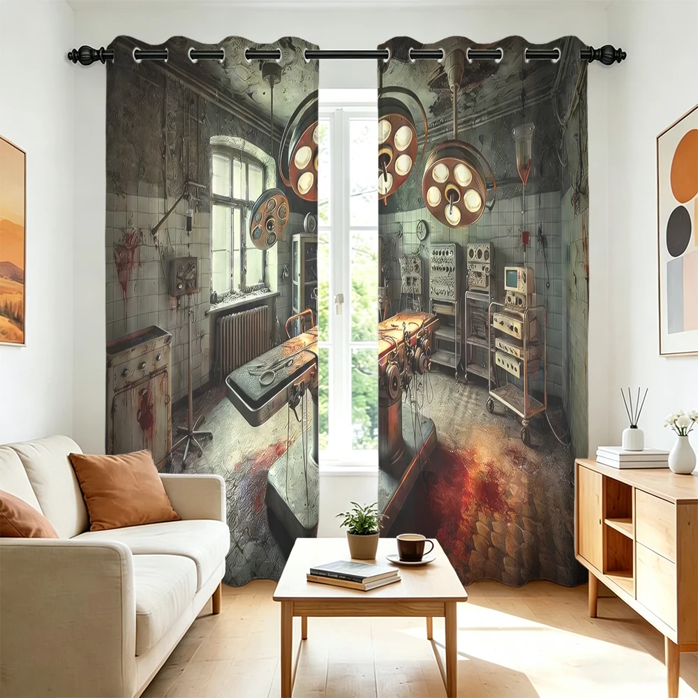 2pcs Abandoned Scary Operating Room Scene Double Sided Grommet Curtains Blackout Privacy Curtain For Bedroom Living Room Hall