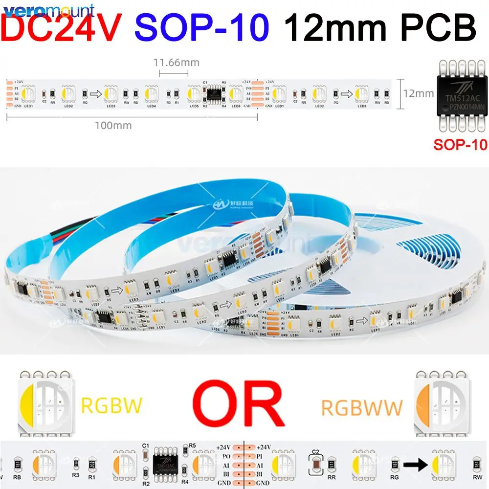 DMX adresowalny DMX512 LED Pixel LED pasek RGBW 4 w 1 SMD 5050 zewnętrzny IC TM512AC SOP10 SOP16 DC 12V 60 diod/m 12 10mm PCB