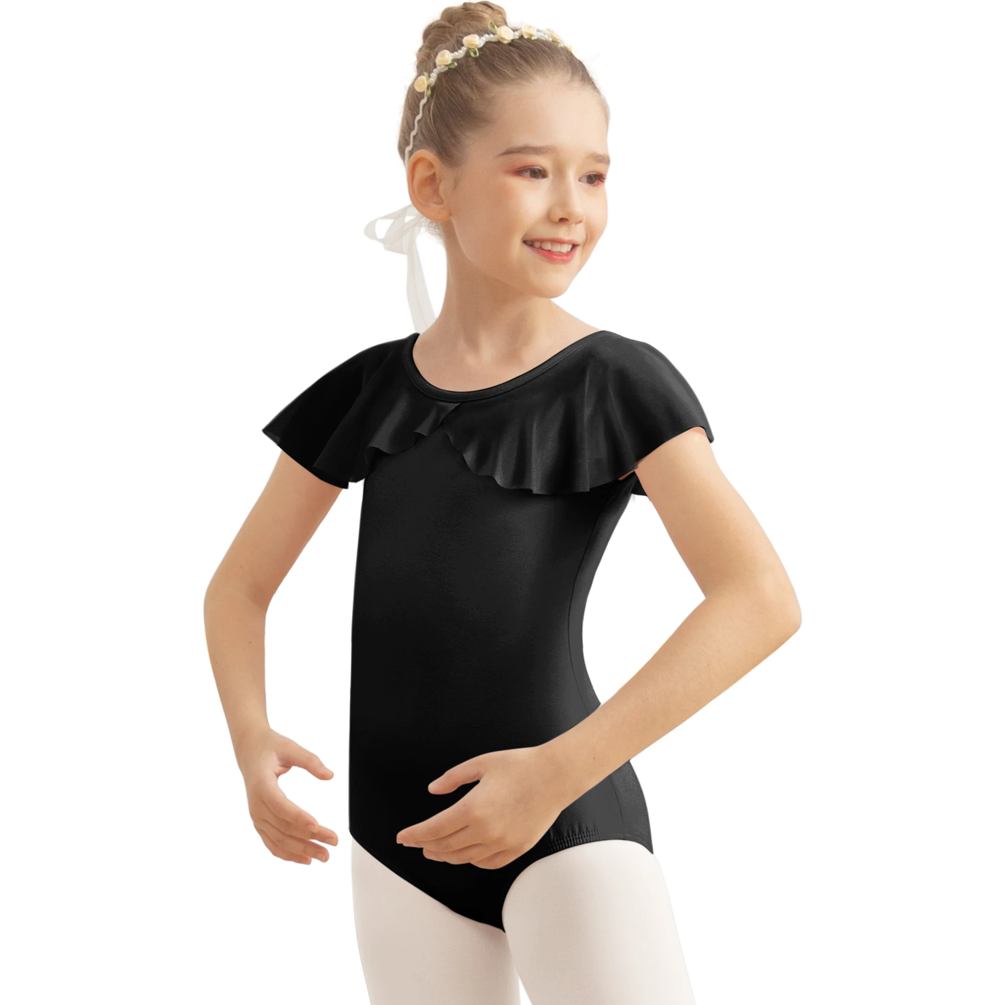 Girls’ Ballet Dance Leotards with Flutter Sleeve Petal Skirt and Bowknot Back