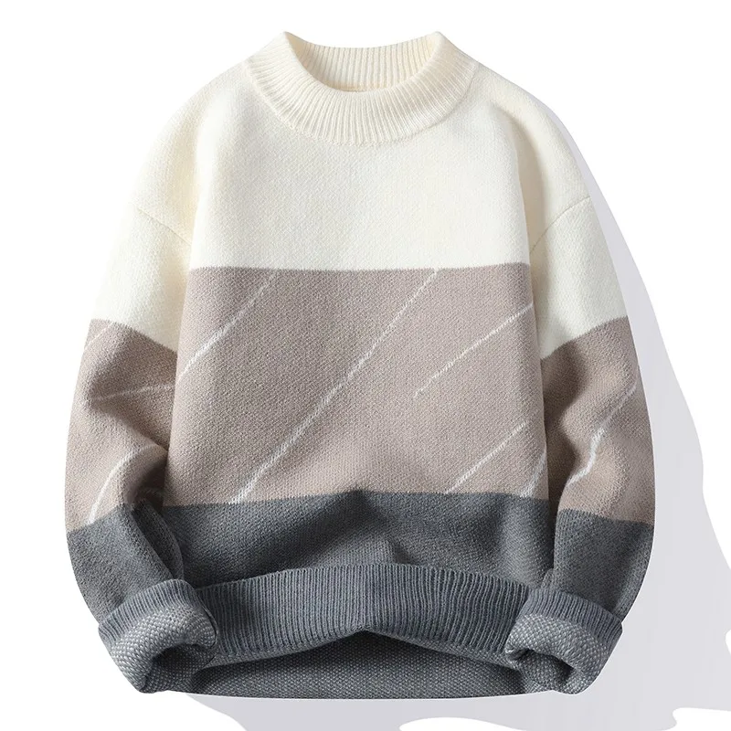 

Mens Autumn Winter Casual Warm Sweater Fashion Patchwork Pullover Round Neck Loose Knitted Sweater Mens Clothing