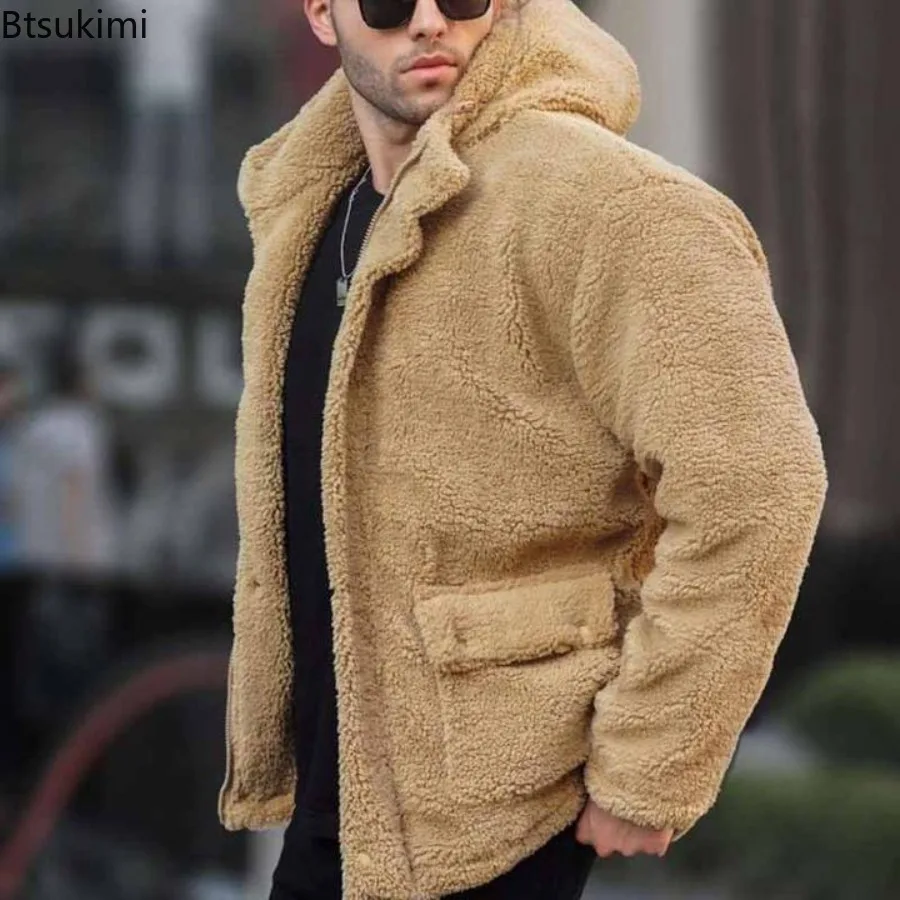 2025 Men's Autumn and Winter Fleece Zipper Sweater Hooded Solid Color Fluffy Coats Male Sherpa Fleece Jackets Warm Streetwear