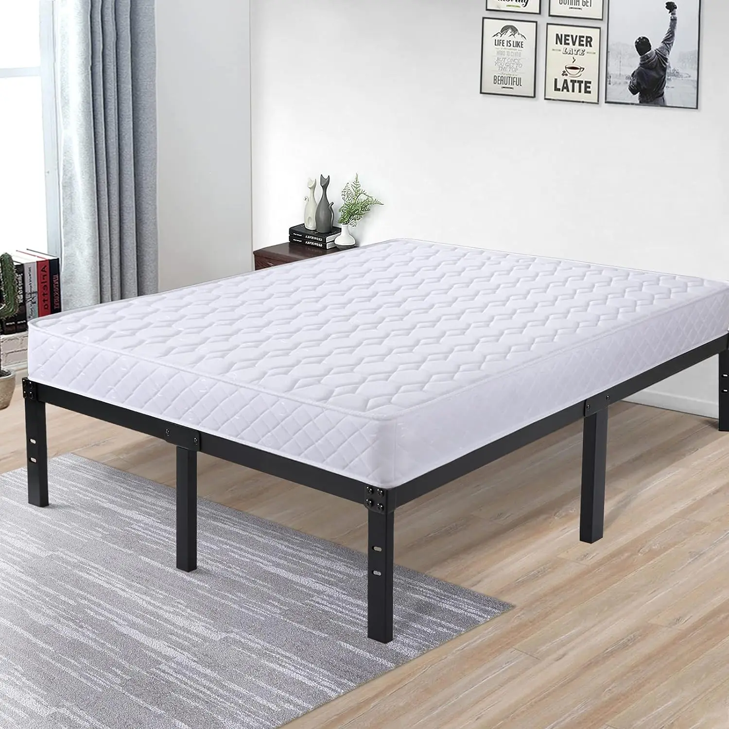 Estrutura de cama de metal DDPNKL de 16 polegadas, estrutura de cama resistente com ripas de madeira, base de colchão de 16 polegadas/sem necessidade de molas
