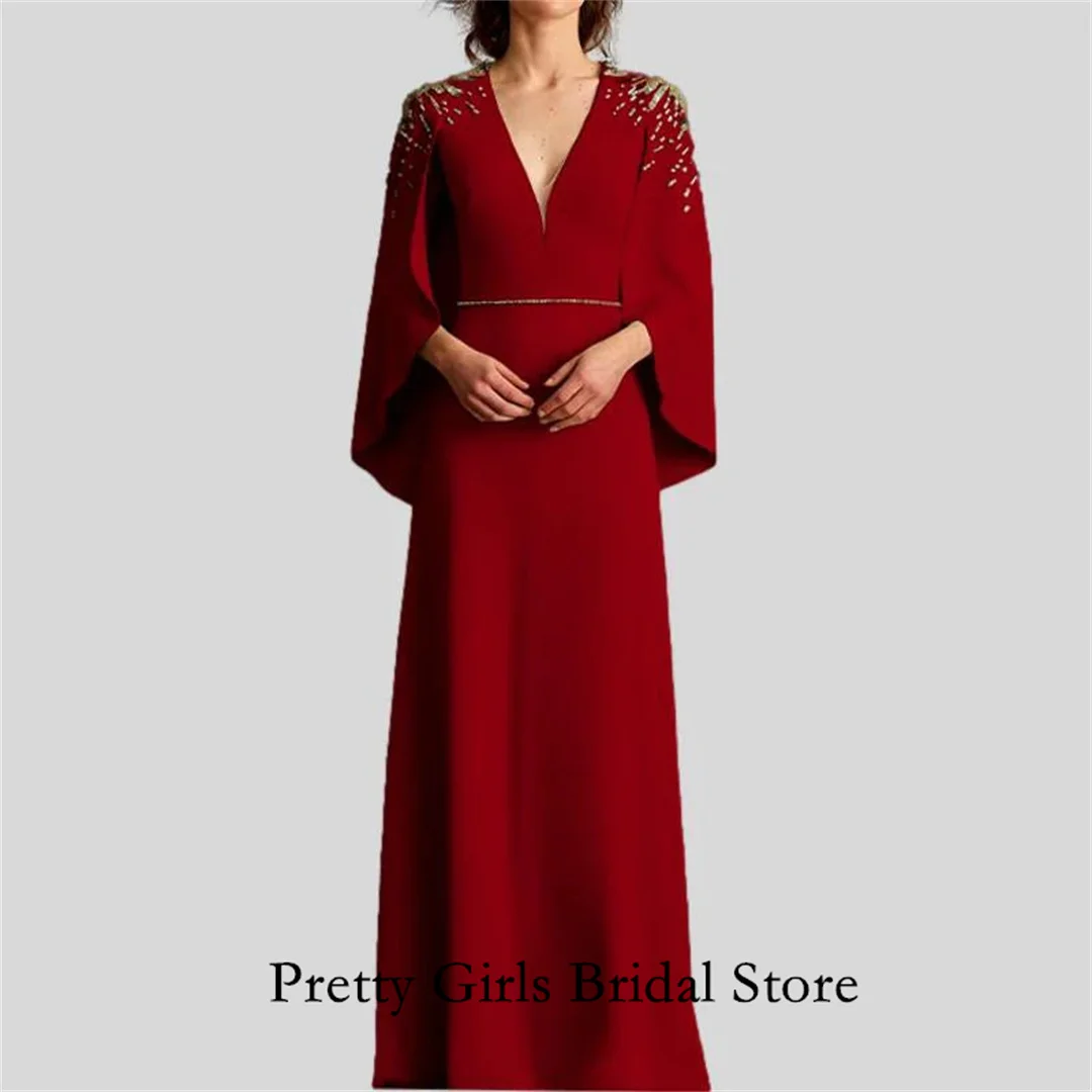 Arabic Morden Style V-Neck Crystals Evening Dresses With Cap Sleeves Customized Formal Burgundy Prom Growns Party Women Bride