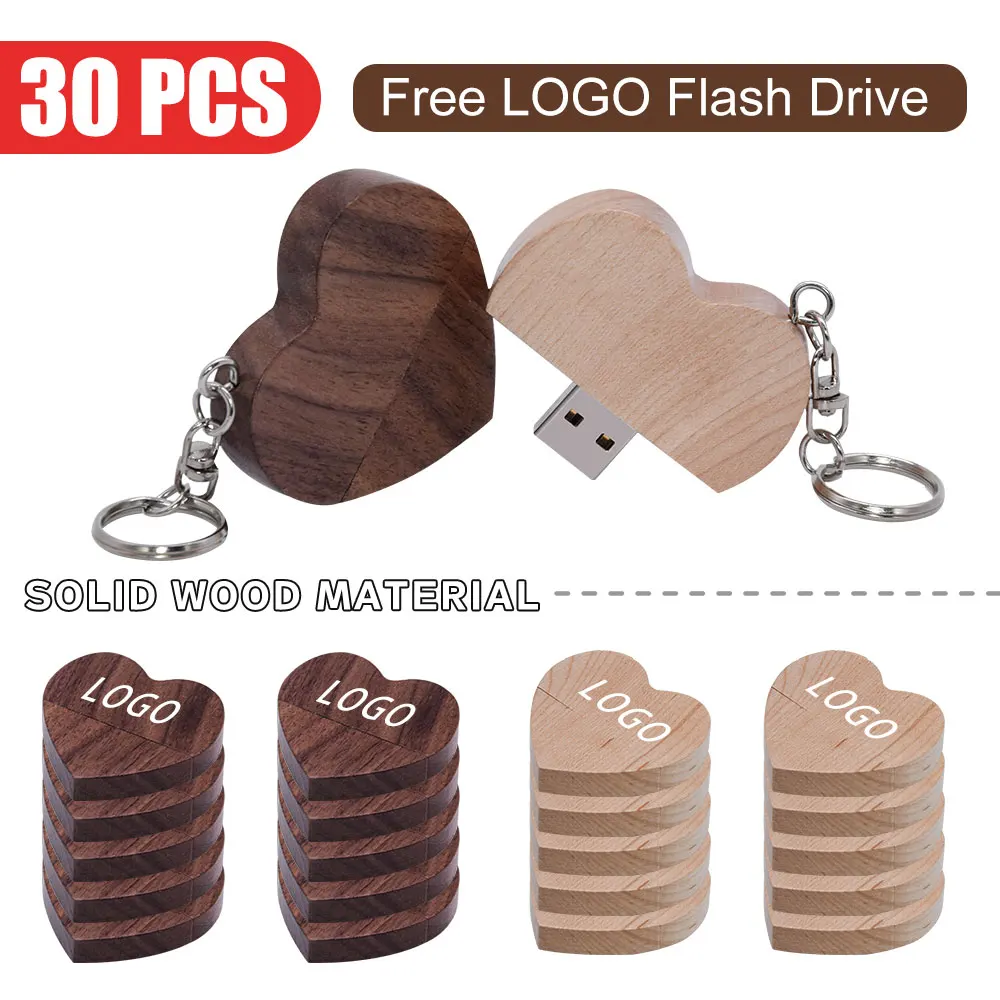 

30pcs Creative Love Heart Usb Flash Drive 4G 8G 16GB 32GB 64GB Usb 2.0 Gift Pendrive Wooden Pen Drive with Chain for Memory Gift