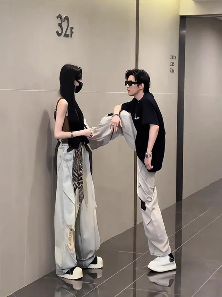 

Джинсы с американской талией в стиле ретро, мужские прямые брюки с высокой талией, повседневная одежда для пар, летняя мода