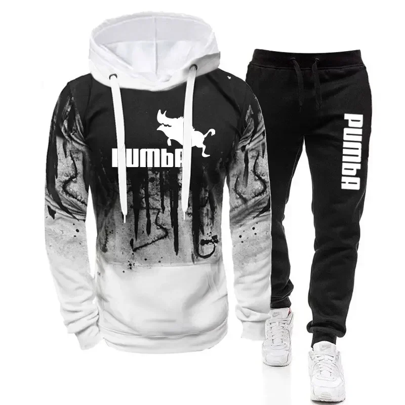 Men's leisure jogging fitness long-sleeved tracksuit spring and winter hoodie and black sweatpants two-piece set