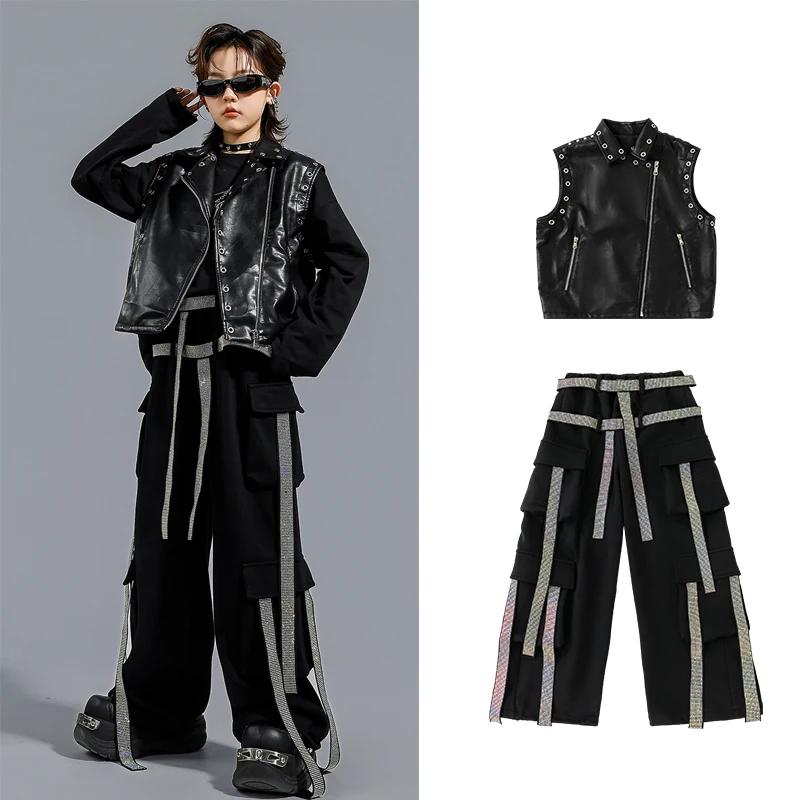 

2025 Children Jazz Dance Performance Costumes For Girls Black Vest Hiphop Pants Outfits Streetwear Boys Hip Hop Clothes DQS21085