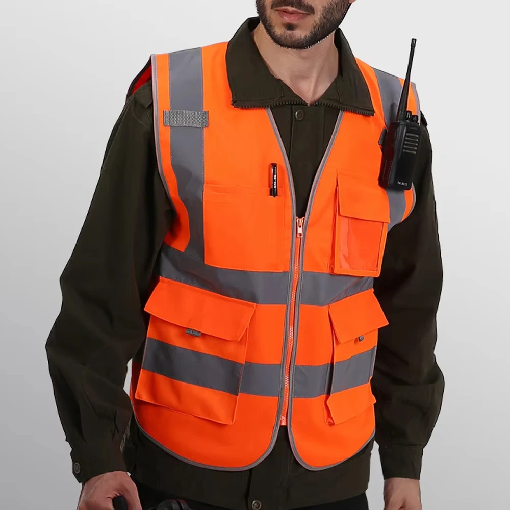 Orange Reflective Work Safety Vests Multi-pocket Construction Worker Working Clothes High Visibility Reflective Safety Vest