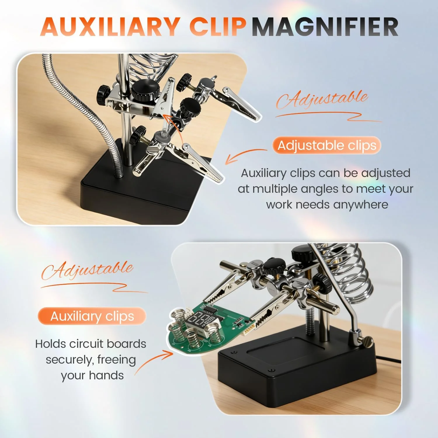3 Hand Soldering Iron Stand Moto Clean Tool With Magnifying Glass Illuminated LED Alligator Clip Holder Clamp Helping Repair - view 2