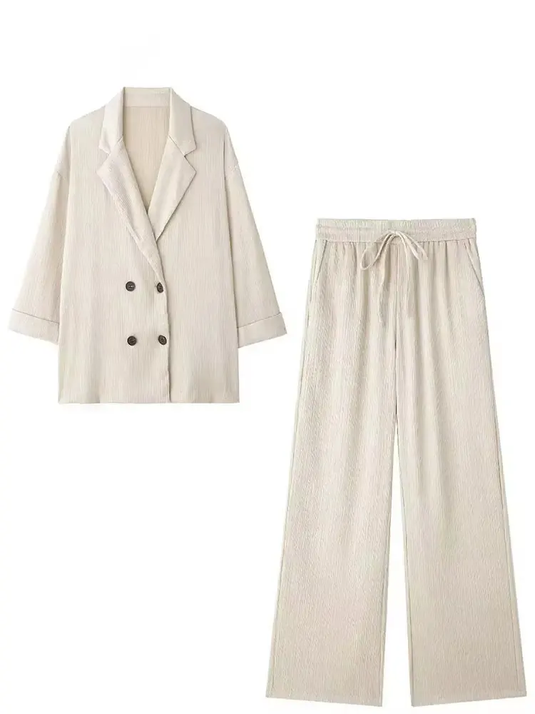 HH Women Elegant Solid Wrinkle Effect Blazer Pant Suit Double Breasted Long Sleeve Jacket Straight Trousers Streetwear
