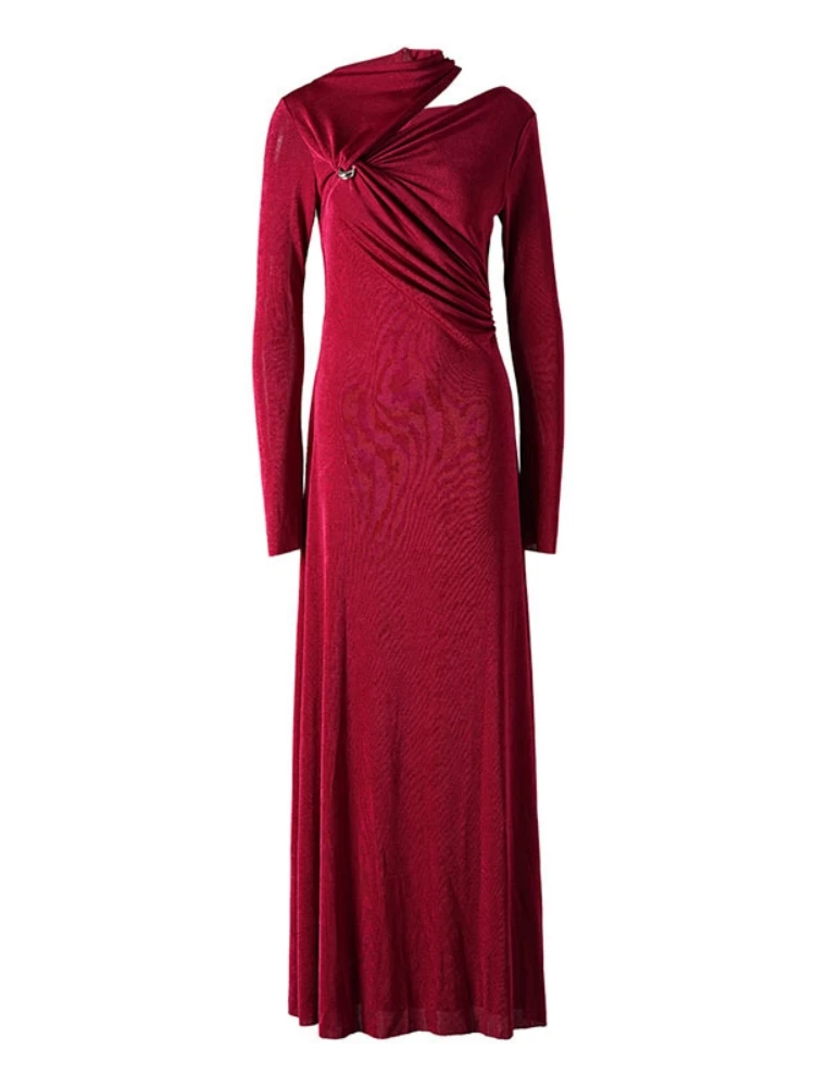 Sexy Aushöhlen Langarm Langes Kleid Herbst Frauen Einfarbig Flods Design Dünne Kleider Elegante Abend Party Kleider