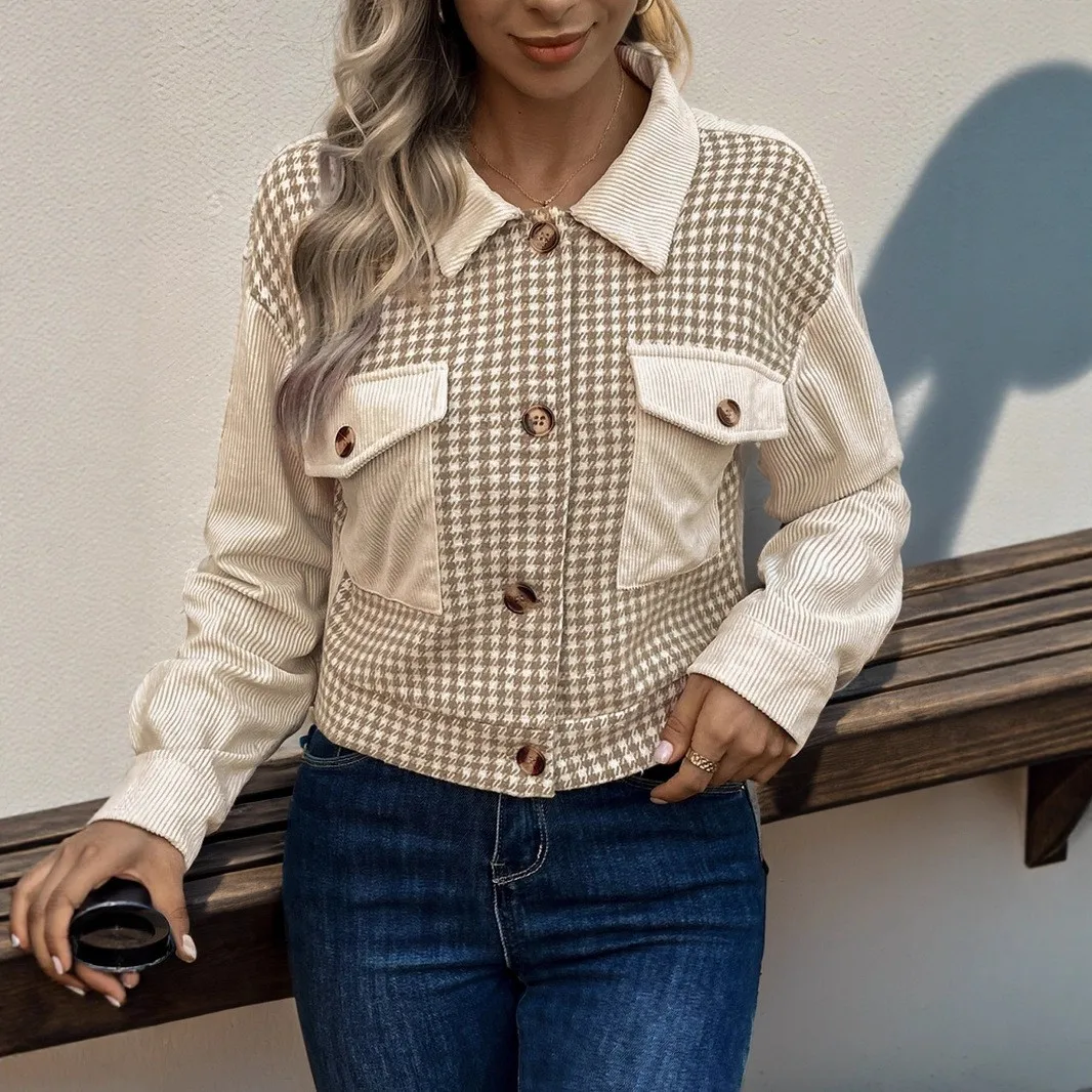 Plaid Patchwork Coat Regular Fit Retro with Single Row Multi Button Closure Brushed Finish Long Sleeve Women Autumn Jacket