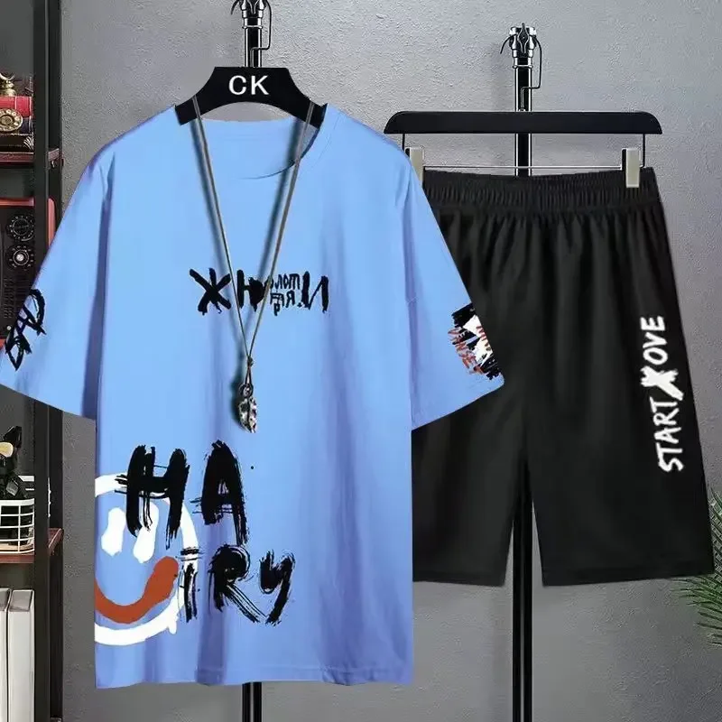 

Men's Sets Summer Fashion tracksuits men's clothing Casual Ice Silk Men's Printed T-shirt+Shorts Trend Basketball Set sportswear