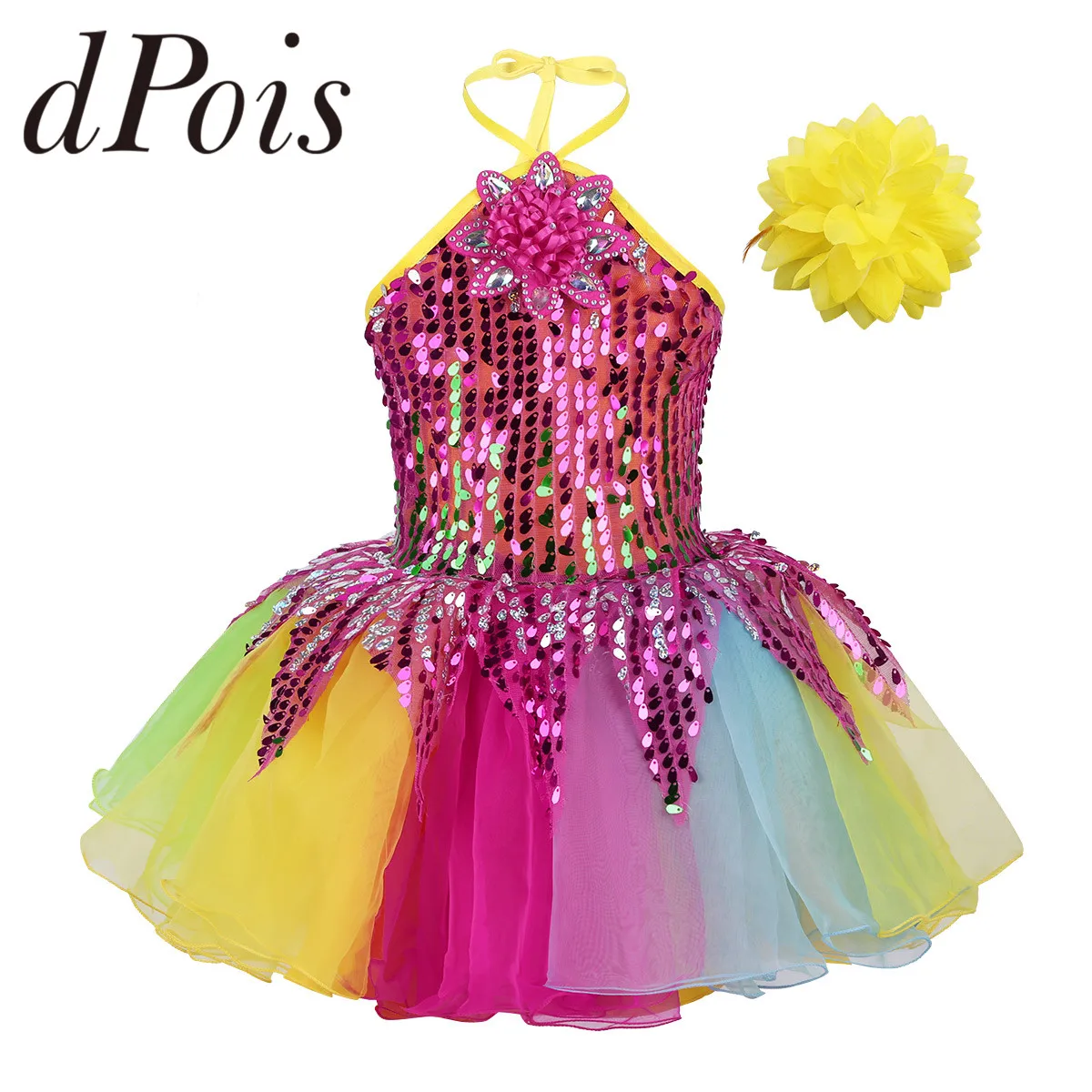 Tutu Sequin Rainbow Halter Dance Costume with 3D Chrysanthemum Wristband Kids Dresses for Girls Ballet Cheerleading Dancewear