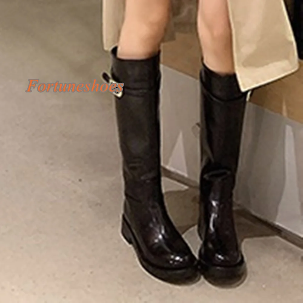 Belt Buckle Slip On Boots Knee High Round Toe Solid Chunky Heel Boots Fashion Casual 2025 New Arrivals Autumn/winter Boots