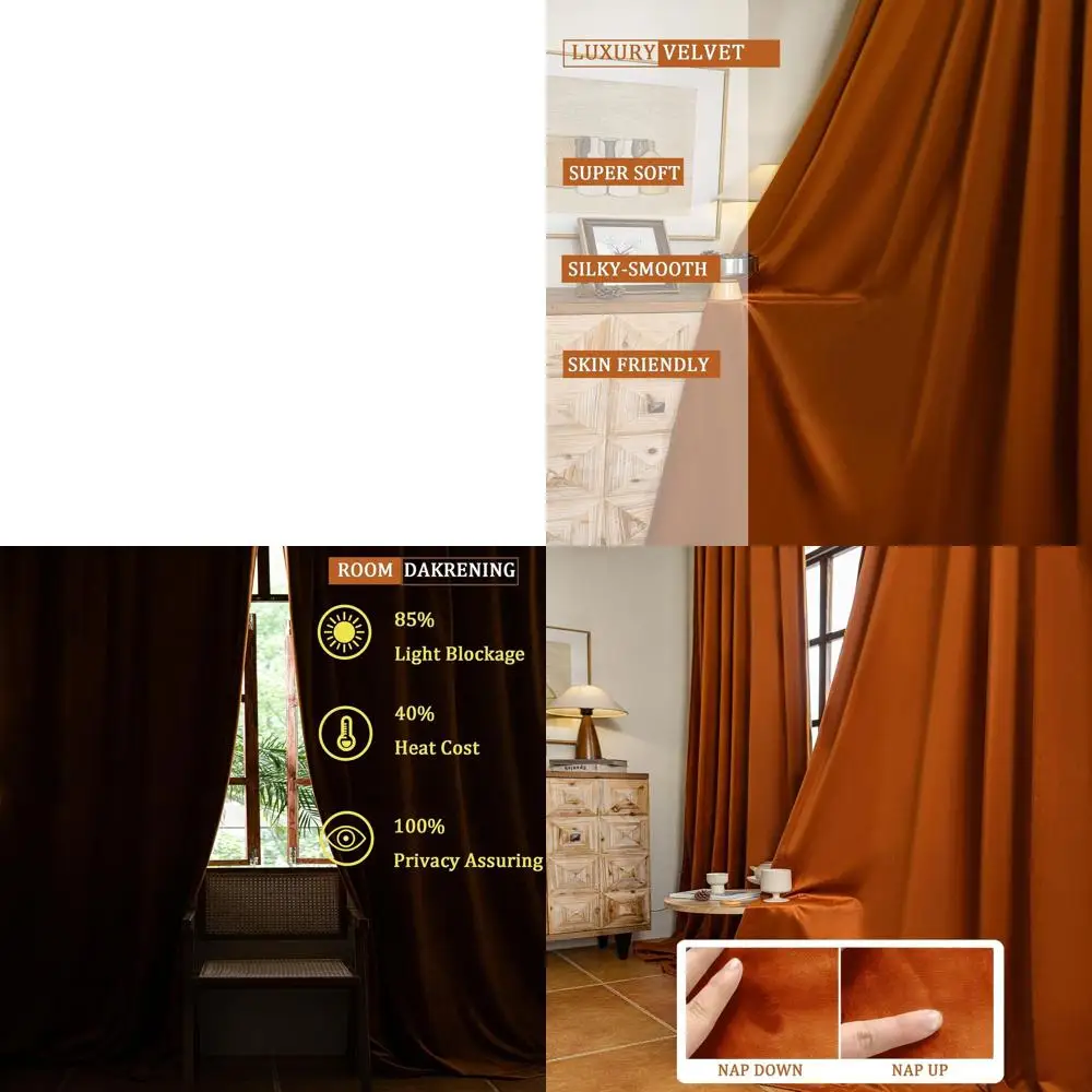 

Luxury Caramel Orange Velvet Curtains, 84 Length, Thermal Insulated, Soundproof, for Bedrooms and Living Rooms