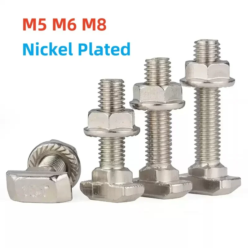 Eu Standard M5 M6 M8 T Shaped Hammer Bolt T-Slot Aluminum Profile Hexagon Flange Nuts Nickel Plated For 20/30/40/45