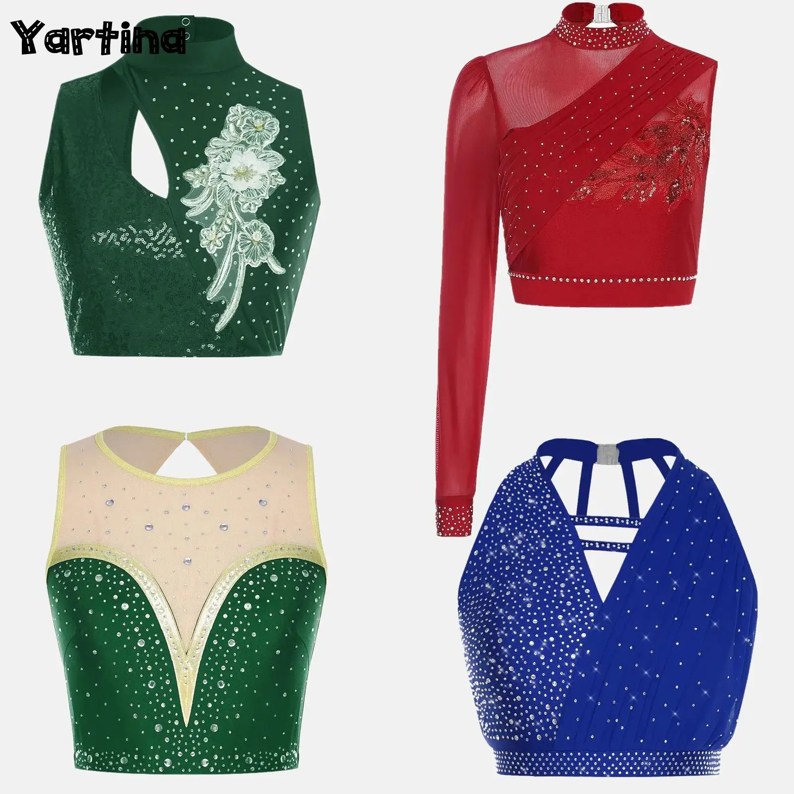 إمرأة غنائي كلاسيكي رقص الباليه الفالس المحاصيل الأعلى سباركلي الترتر الجمباز الفني الشكل التزلج القمم ملابس رقص #1