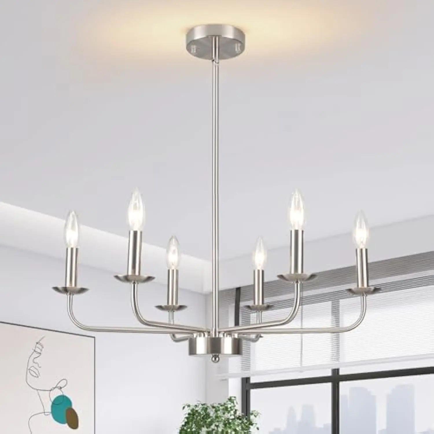 

Brushed Nickel Chandeliers Ceiling Lights, 6-Light Modern Farmhouse Chandelier Dining Room Light Fixtures Candle Pendant Light F