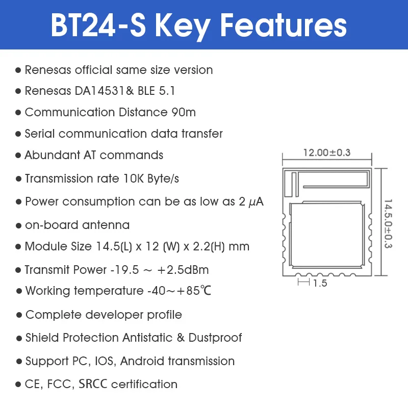 DX-BT24-S Renesas official same size version DA14531 BLE 5.1 module low power 2ua  long range 90m 10K Bytes/s bluetooth module