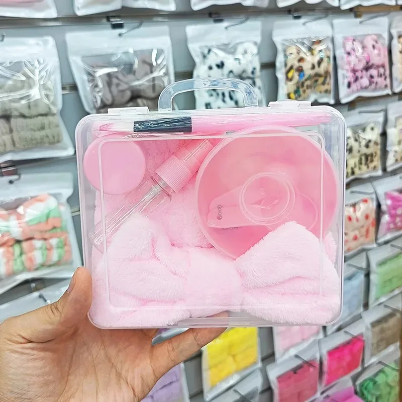 ชุดมาส์กหน้าแบบพกพา 12 ชิ้น, อุปกรณ์ทำความสะอาดผิวหน้าสำหรับผู้หญิง, ที่คาดผมแบบโบว์, ที่รัดข้อมือซับน้ำสำหรับมาส์กหน้า