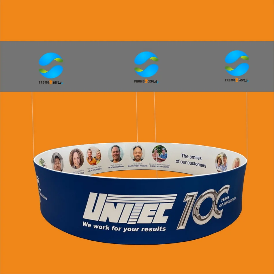 

Promotional Round Ceiling Signs Custom Aluminum Hanging Banner Tension Fabric Display for Exhibition