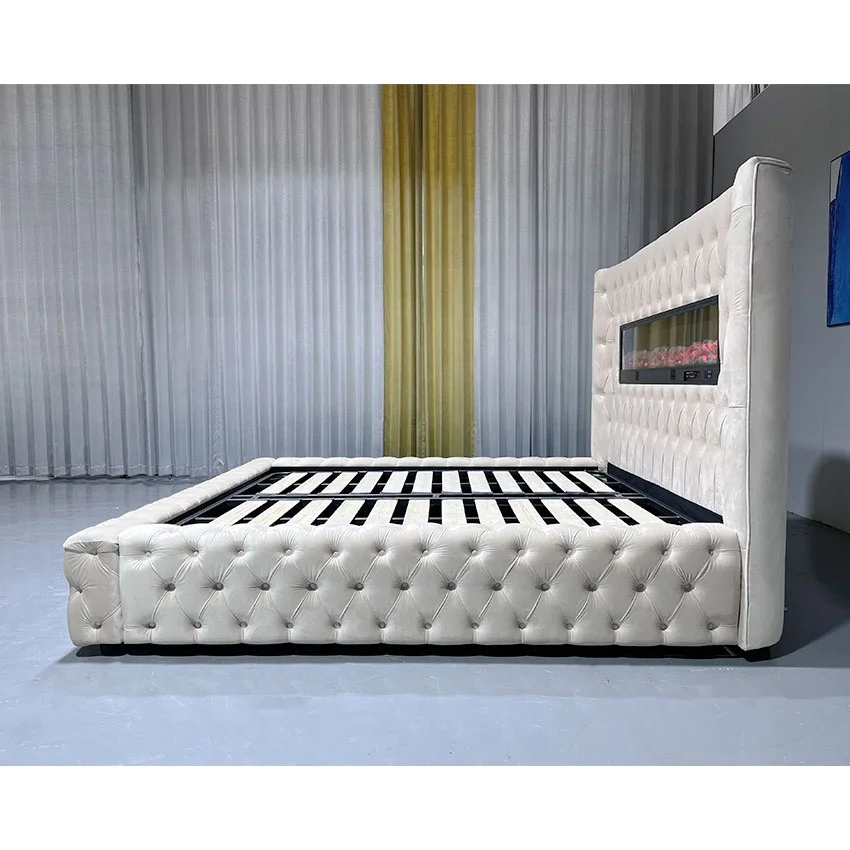 # Modern Tufted Soft Bed Set Storage Bluetooth Audio System Fireplace Lamp-King/Queen Size Adjustable Durable Bedroom Furniture - view 3