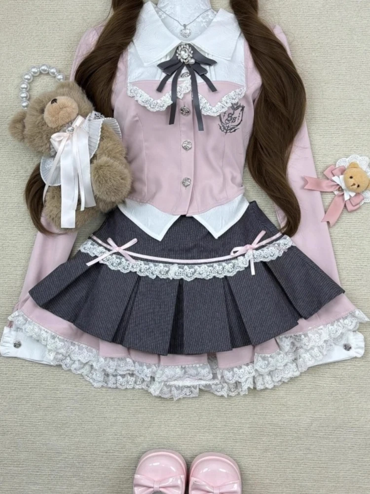 

Y2K Princess Женские комплекты из 2 предметов Сладкие топы с бантом Kawaii + кружевная плиссированная юбка Модные женские ретро-шикарные ретро-наряды в консервативном стиле