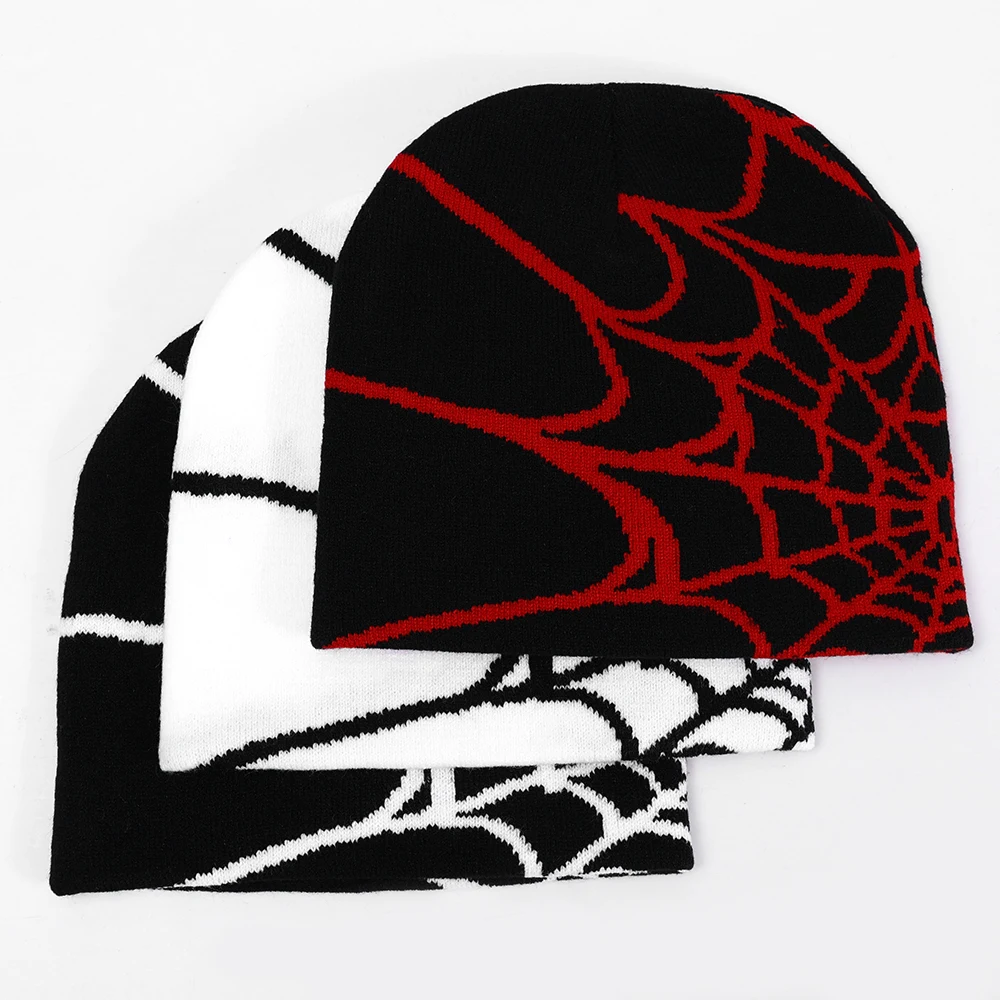 Y2k Spider Web Hats Women Men Knitted Baggy Slouchy Beanie Cap Gothic Skull Embroidered Cap Bonnet Skullies Caps Boys Gifts