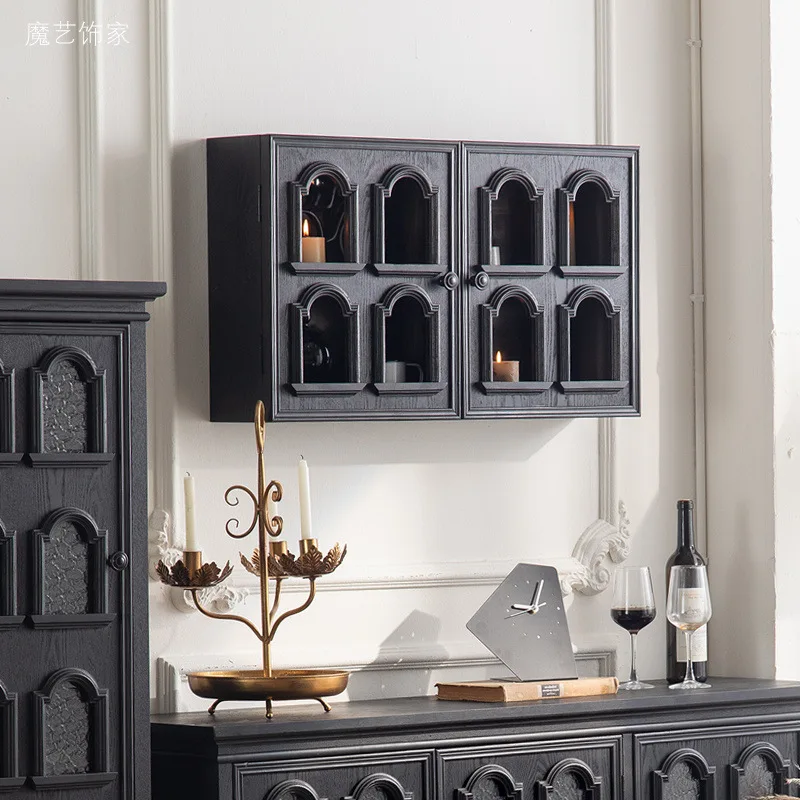 Household wine cabinet wall rack, black wall retro decorative teacup rack, homestay hotel wall cabinet