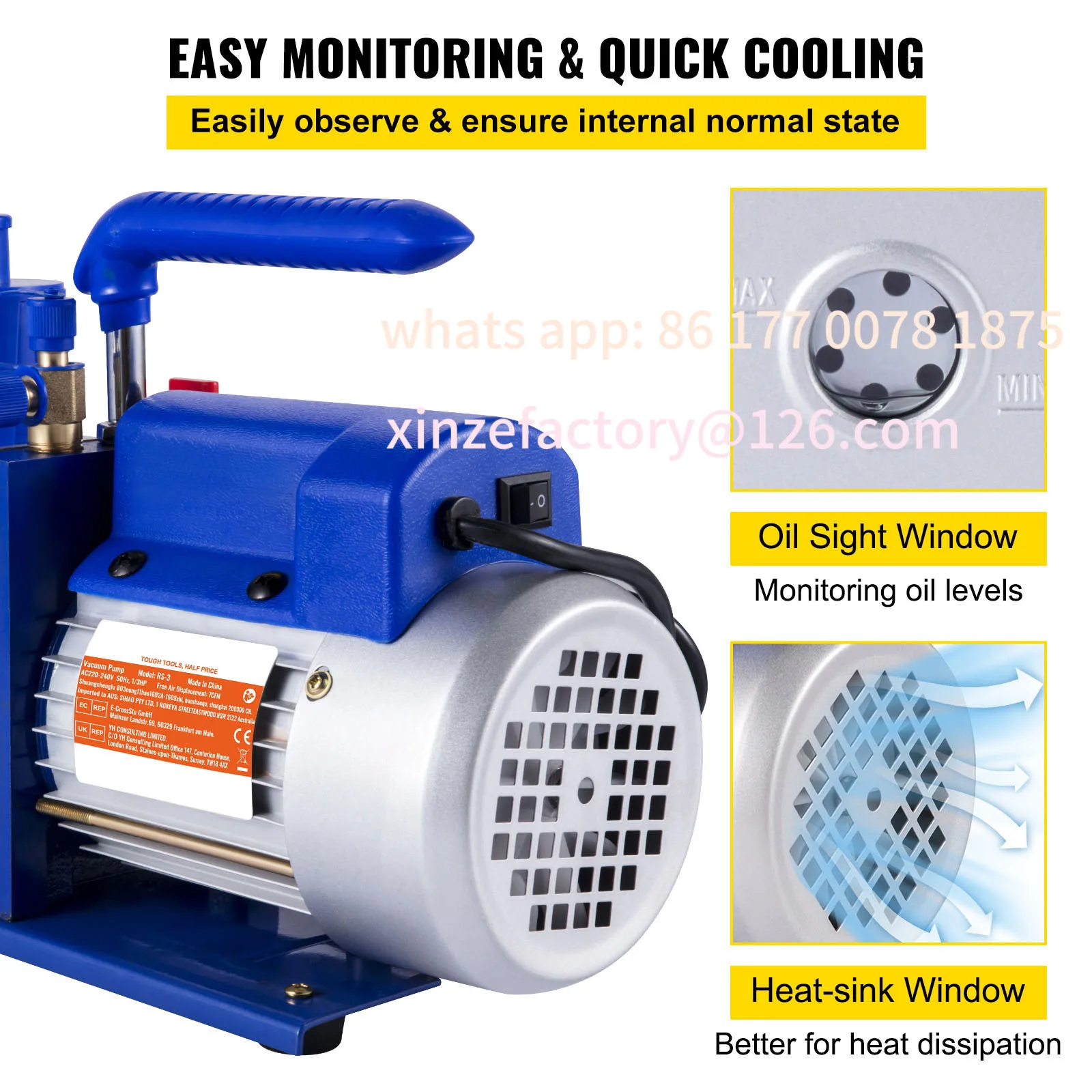 Bomba de vacío personalizable 7 CFM 1/3 HP de una sola etapa para sistemas R12 R22 R134a R410a, refrigerante al vacío 5PA