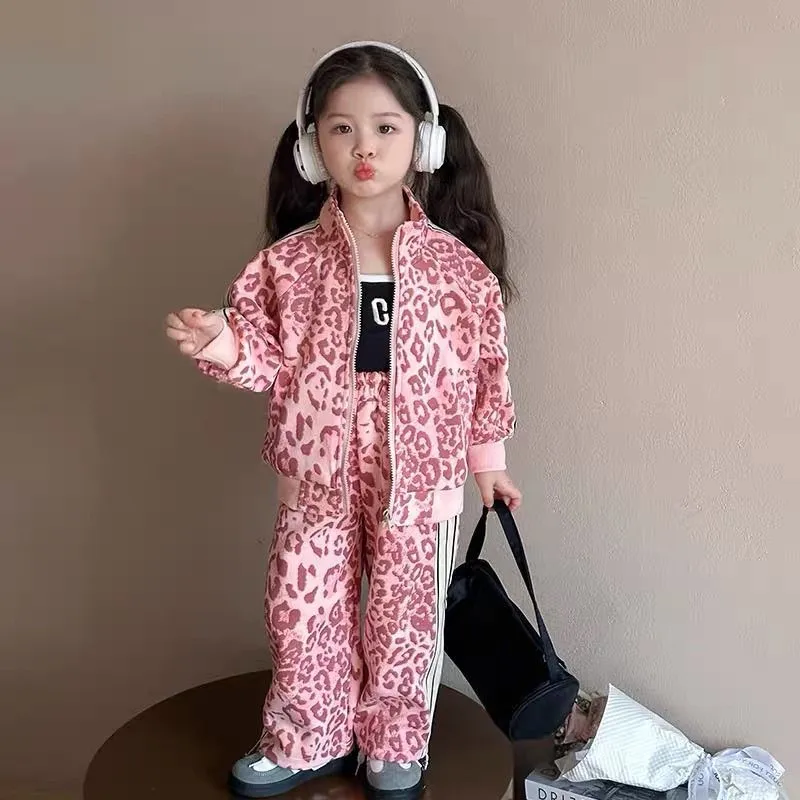 

2025 new spring autumn Girls Kids Leopard pattern suit Coat+trousers pants sets comfortable cute baby Clothes Children Clothing