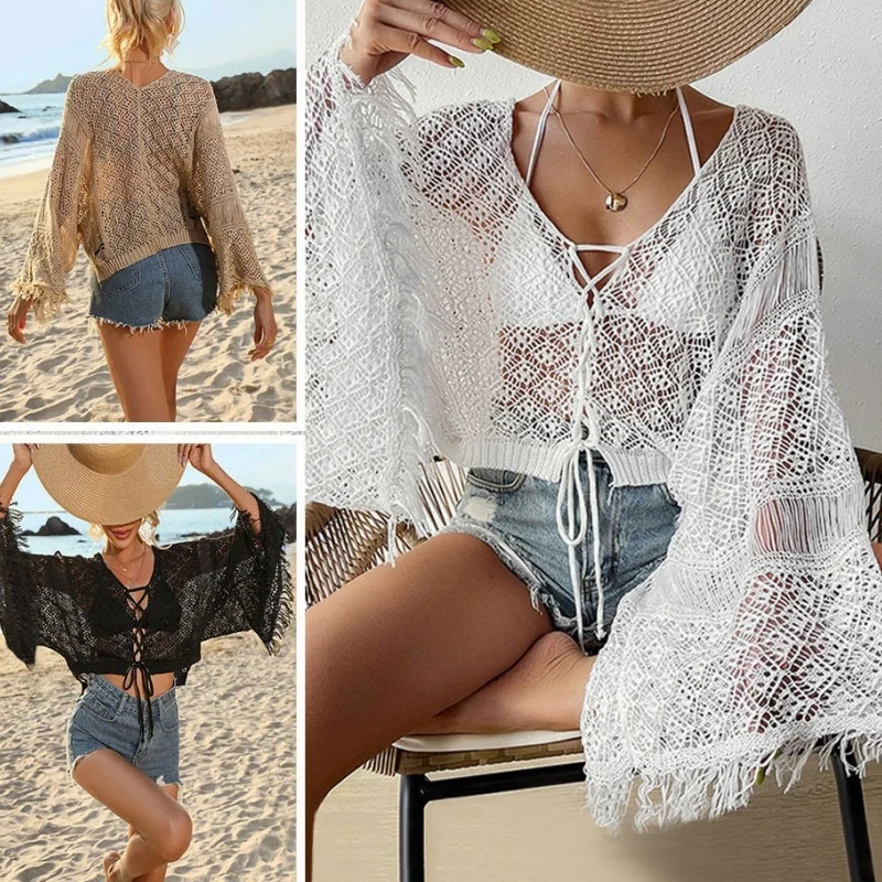 

Vintage Crochet Hollow Out Bikini Cover Up Female Flare Sleeve Spliced Tassel Lace Up Sunscreen Tops Casual Elegant Beach Wear